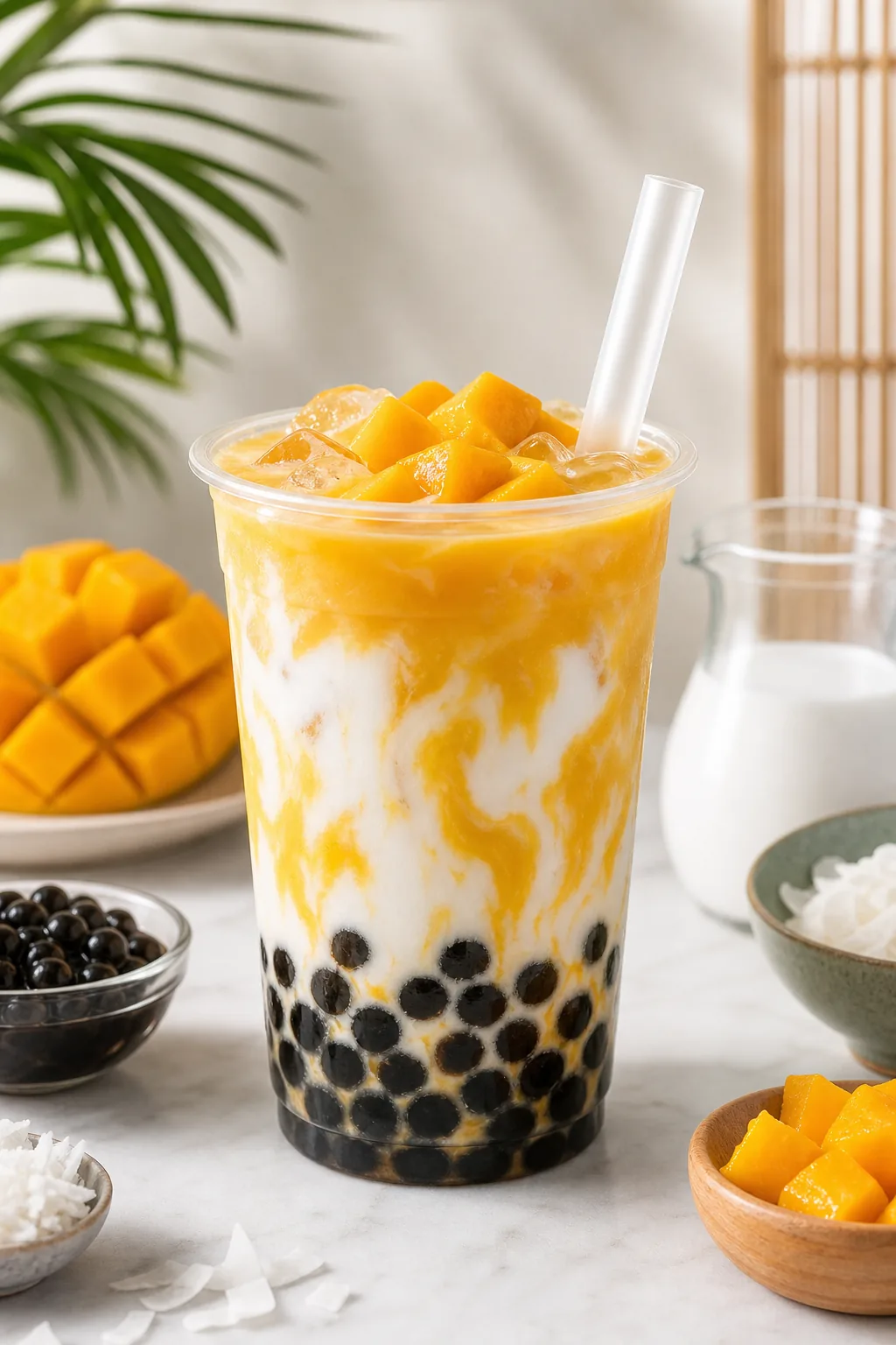 Coconut Mango Boba pinterest hero finished drink for Boba Bloom