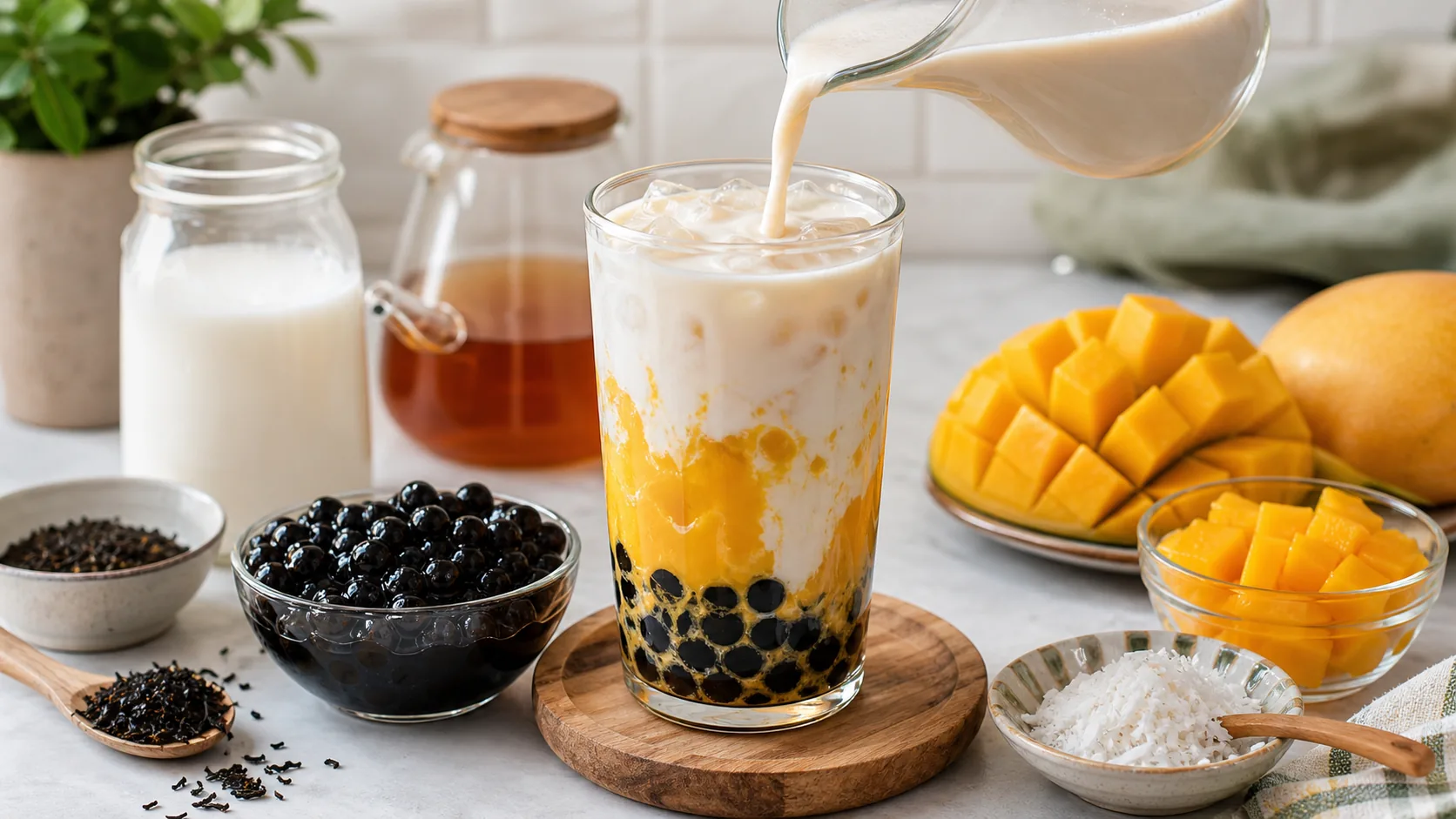 Coconut Mango Boba ingredients and process