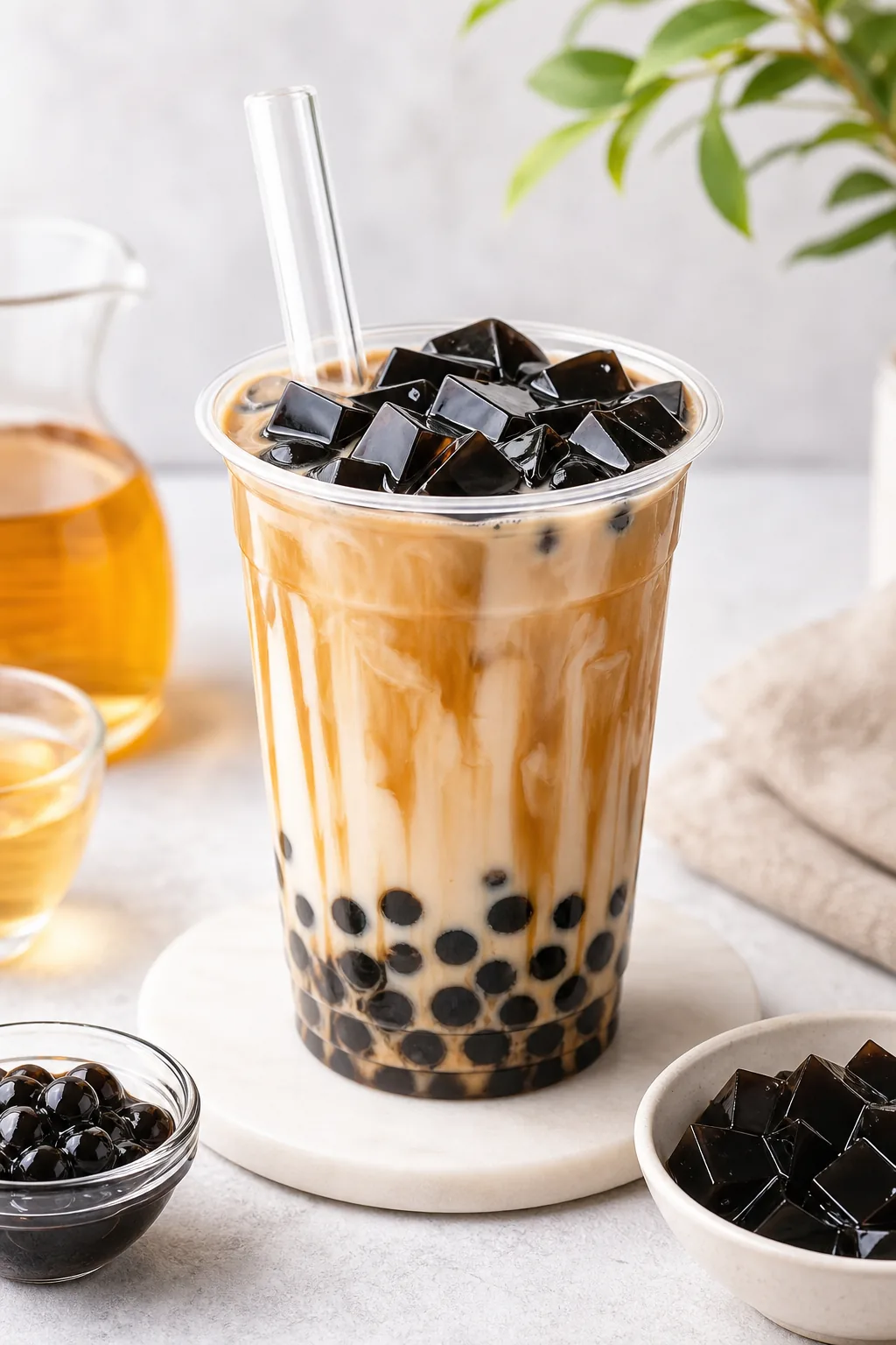 Grass Jelly for Bubble Tea pinterest hero finished drink for Boba Bloom