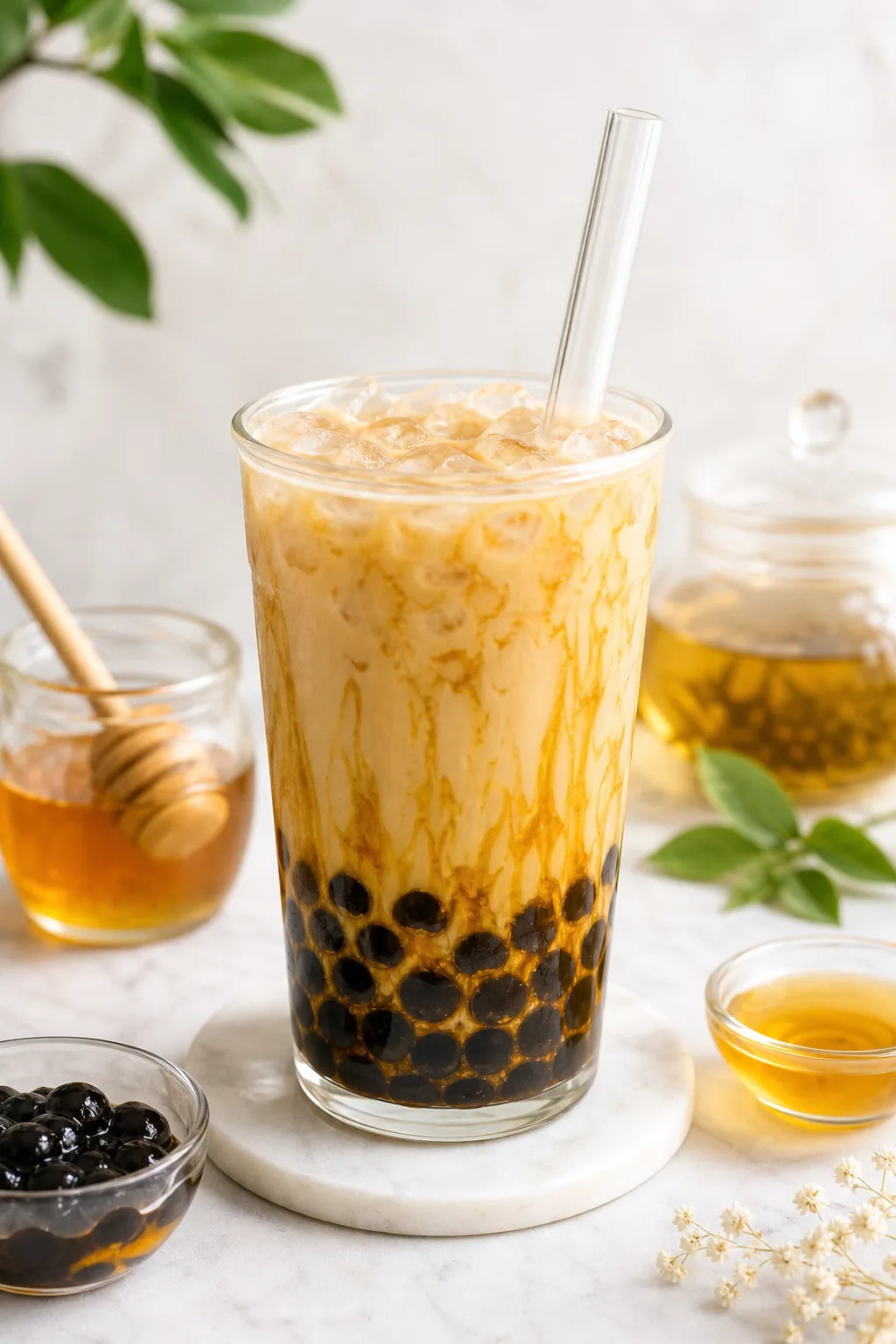 Honey Boba Syrup pinterest hero finished drink for Boba Bloom