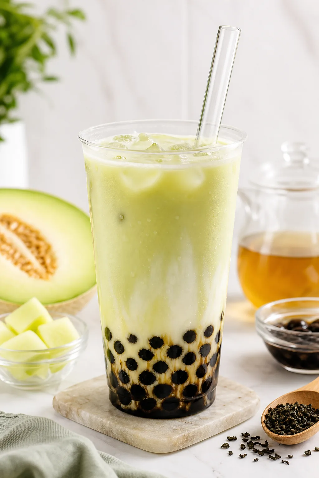 Honeydew Milk Tea pinterest hero finished drink for Boba Bloom