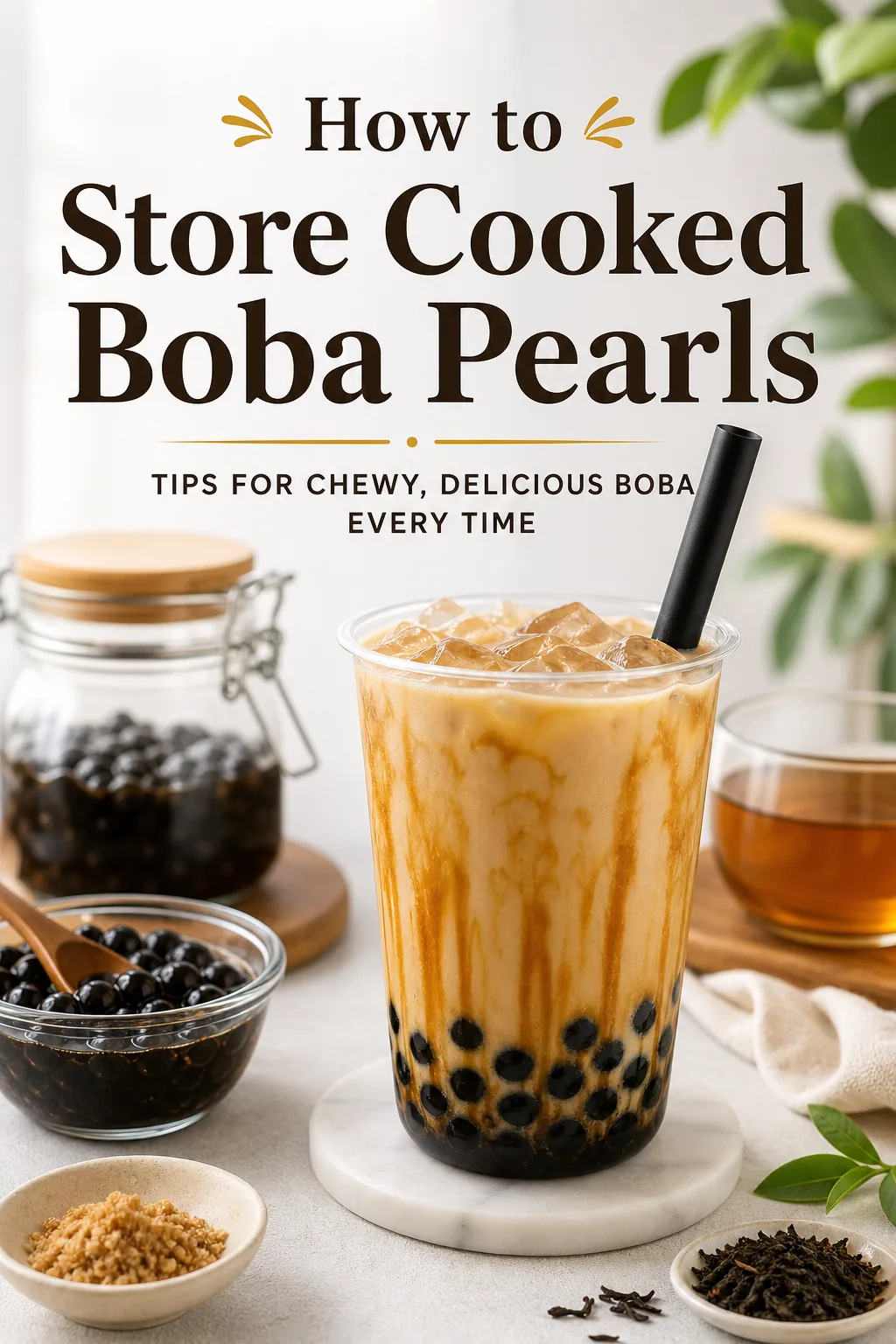 How to Store Cooked Boba Pearls pinterest hero finished drink for Boba Bloom