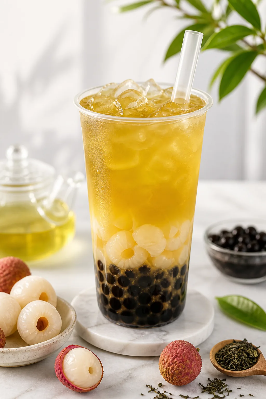 Lychee Green Tea with Boba pinterest hero finished drink for Boba Bloom