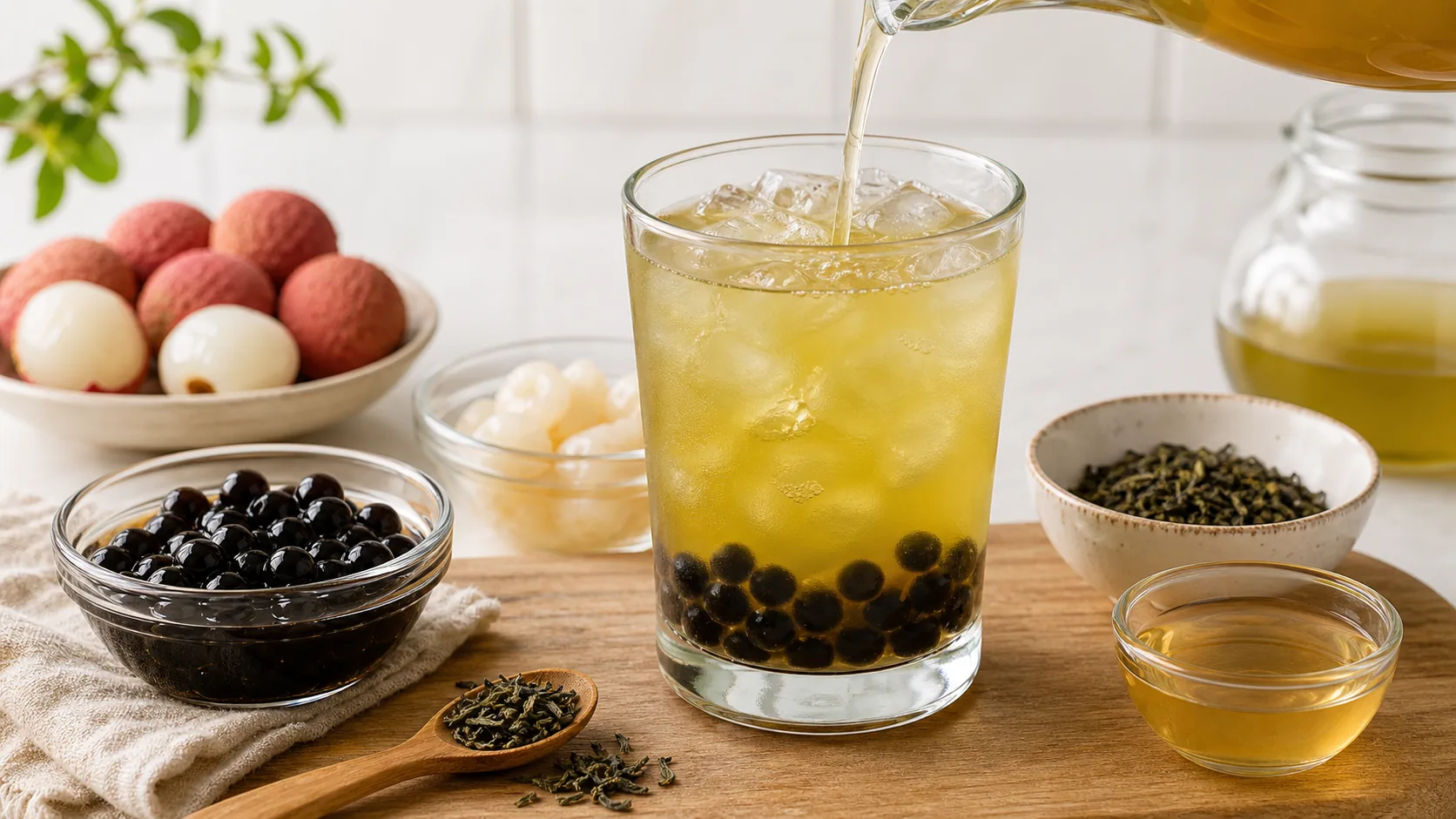 Lychee Green Tea with Boba ingredients and process