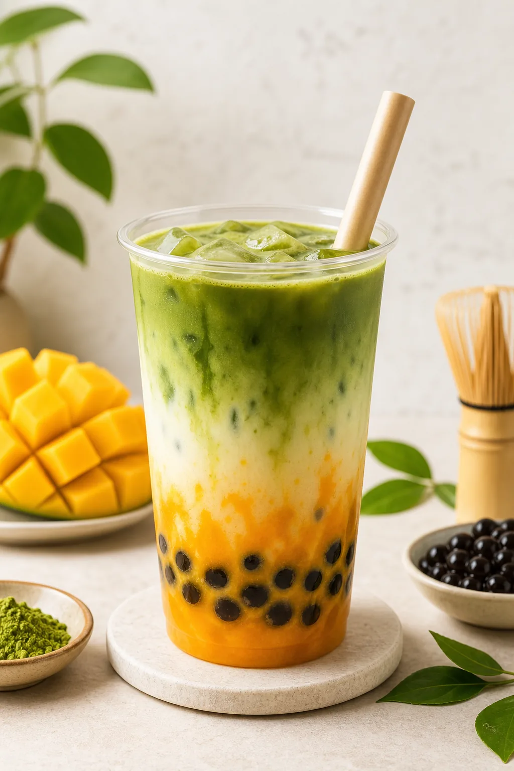 Mango Matcha Latte pinterest hero finished drink for Boba Bloom