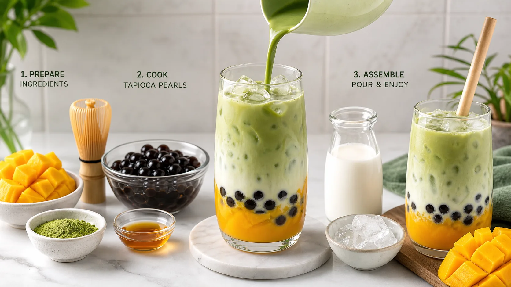 Mango Matcha Latte ingredients and process