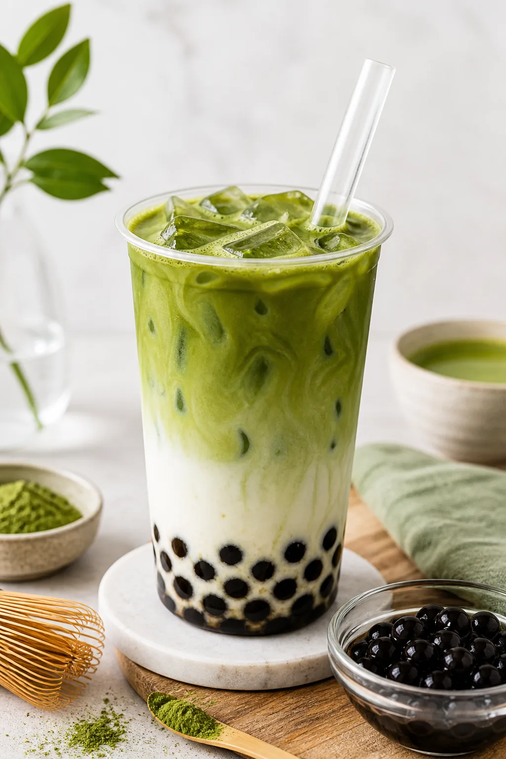 Matcha Boba Latte pinterest hero finished drink for Boba Bloom