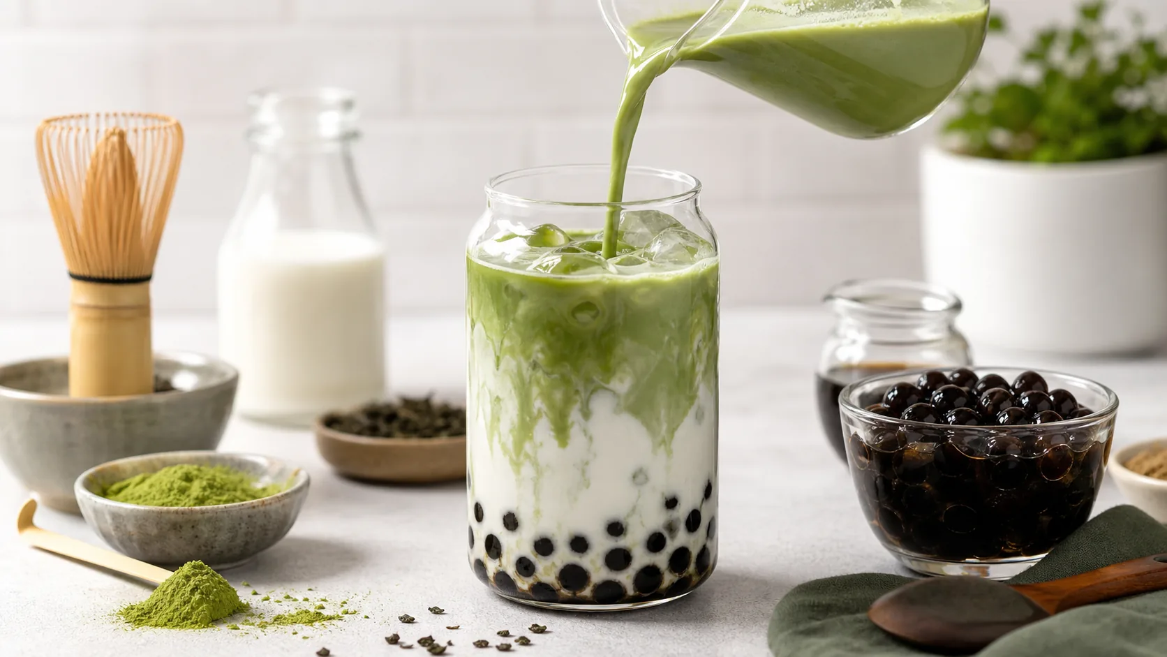 Matcha Boba Latte ingredients and process
