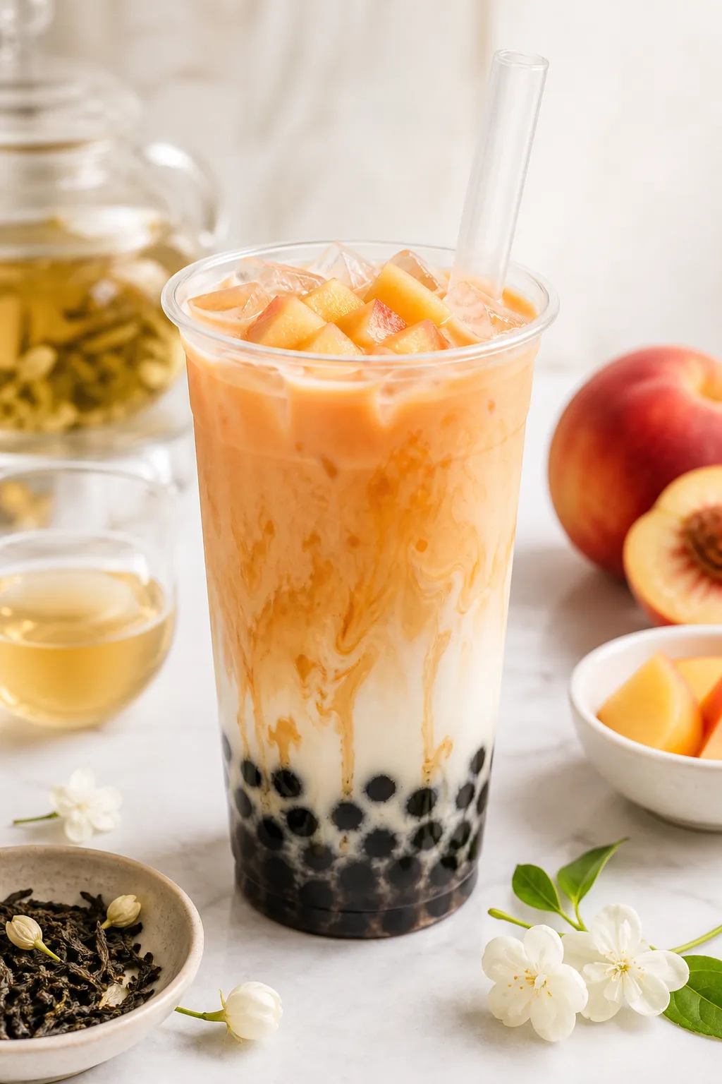 Peach Jasmine Milk Tea pinterest hero finished drink for Boba Bloom