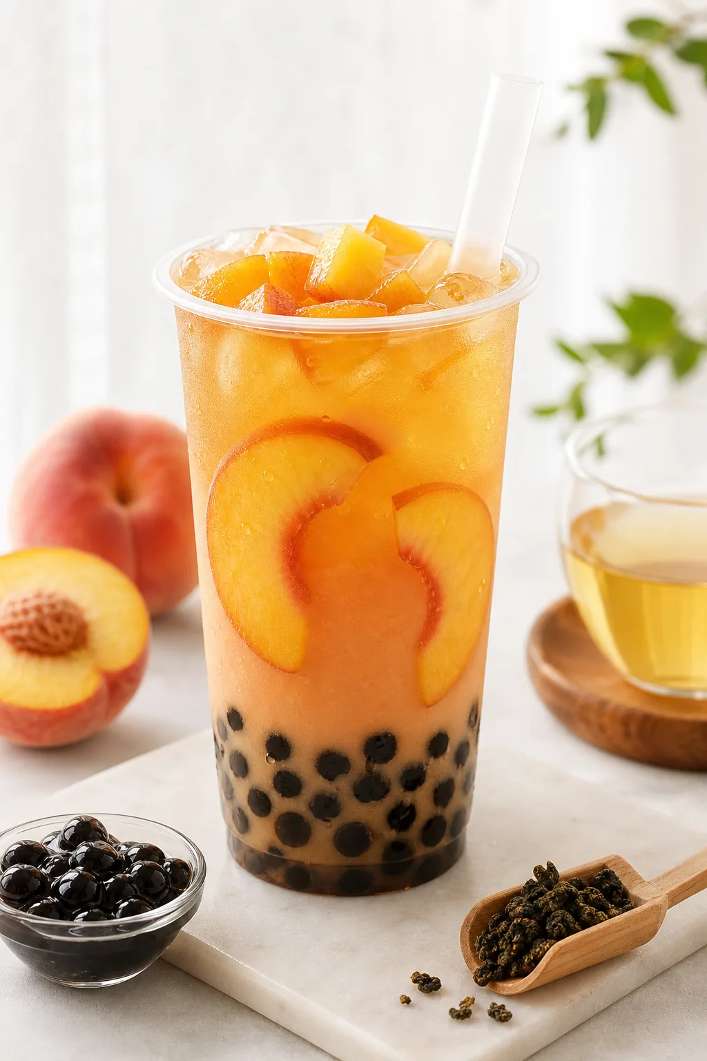 Peach Oolong Fruit Tea pinterest hero finished drink for Boba Bloom
