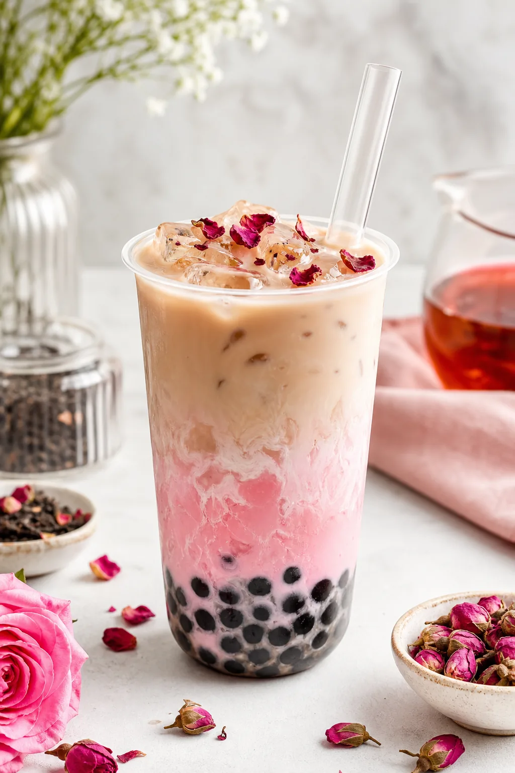 Rose Milk Tea pinterest hero finished drink for Boba Bloom