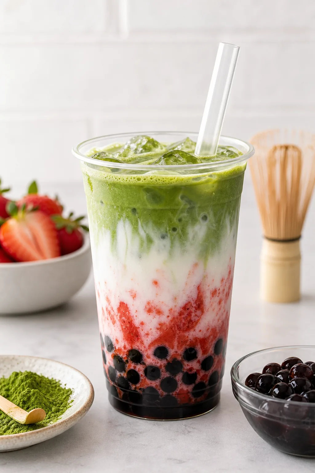 Strawberry Matcha Boba pinterest hero finished drink for Boba Bloom