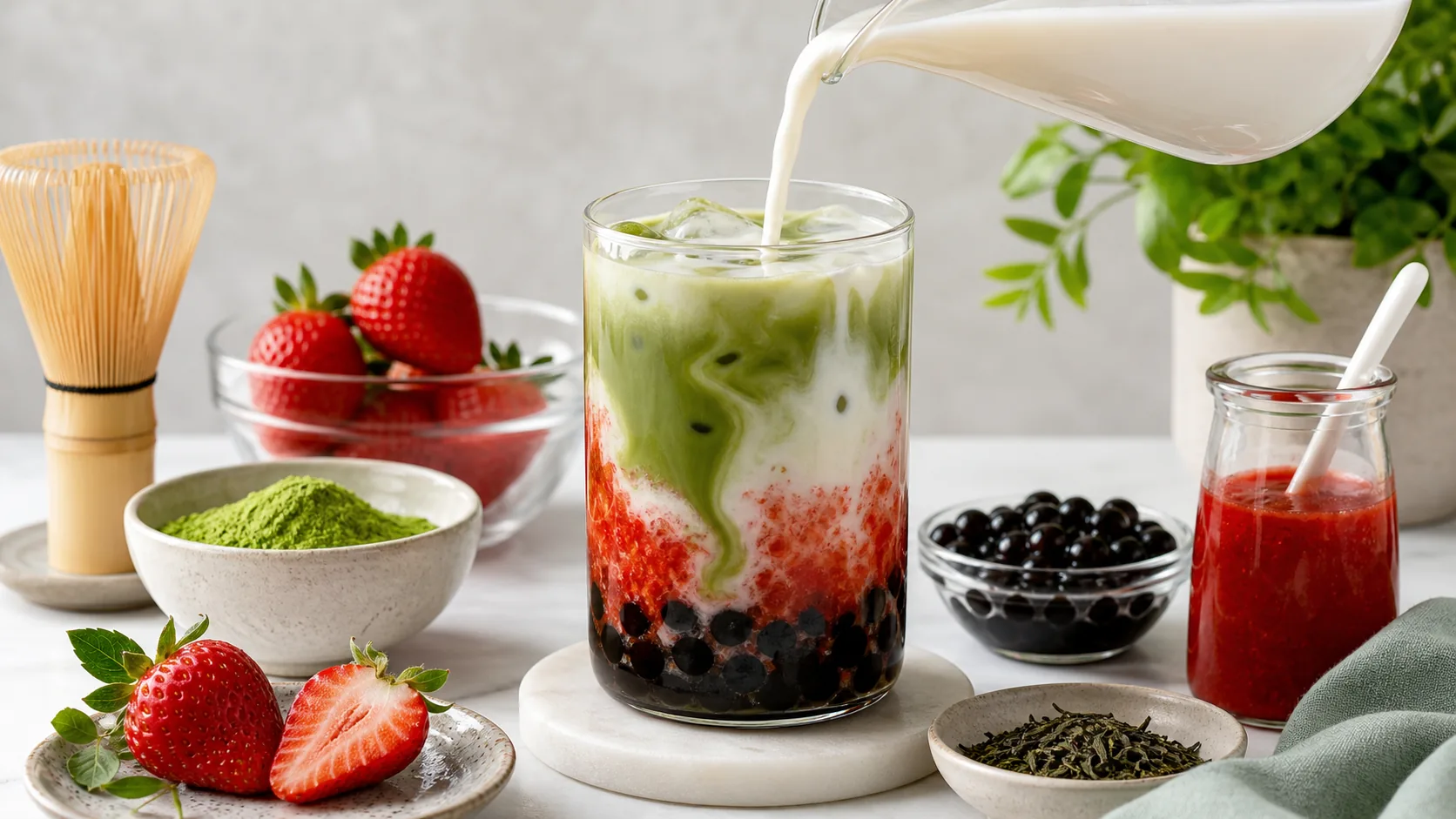 Strawberry Matcha Boba ingredients and process