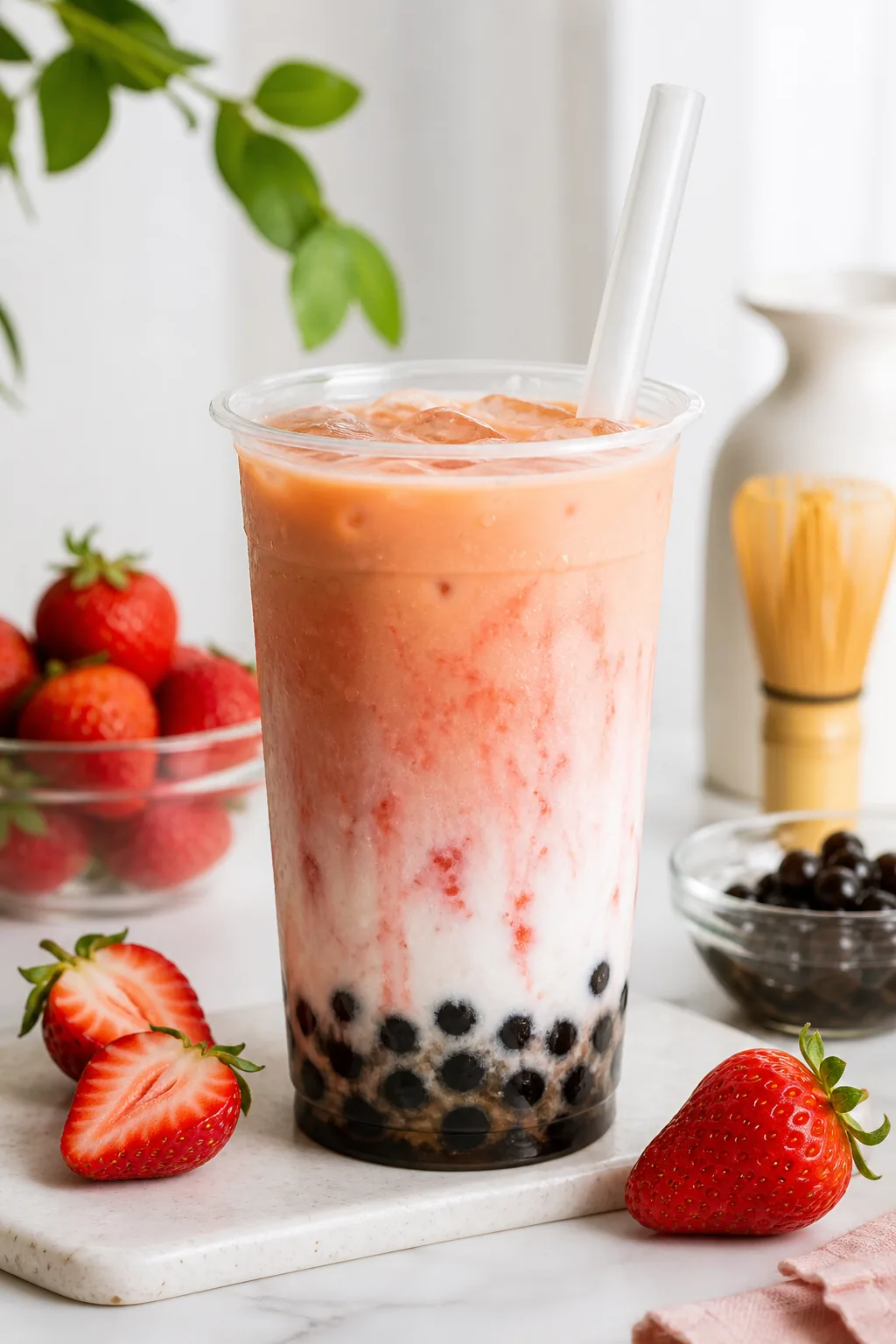 Strawberry Milk Tea pinterest hero finished drink for Boba Bloom