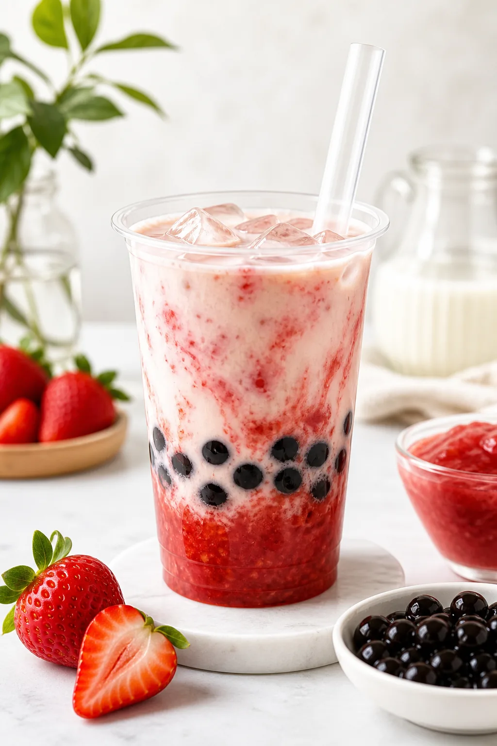 Strawberry Puree for Bubble Tea pinterest hero finished drink for Boba Bloom