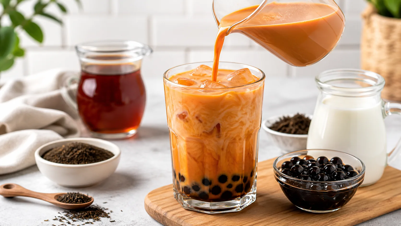 Thai Milk Tea with Boba ingredients and process