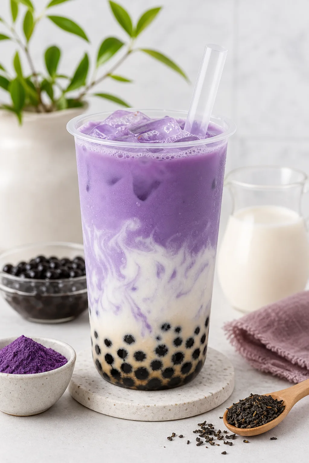 Ube Milk Tea pinterest hero finished drink for Boba Bloom