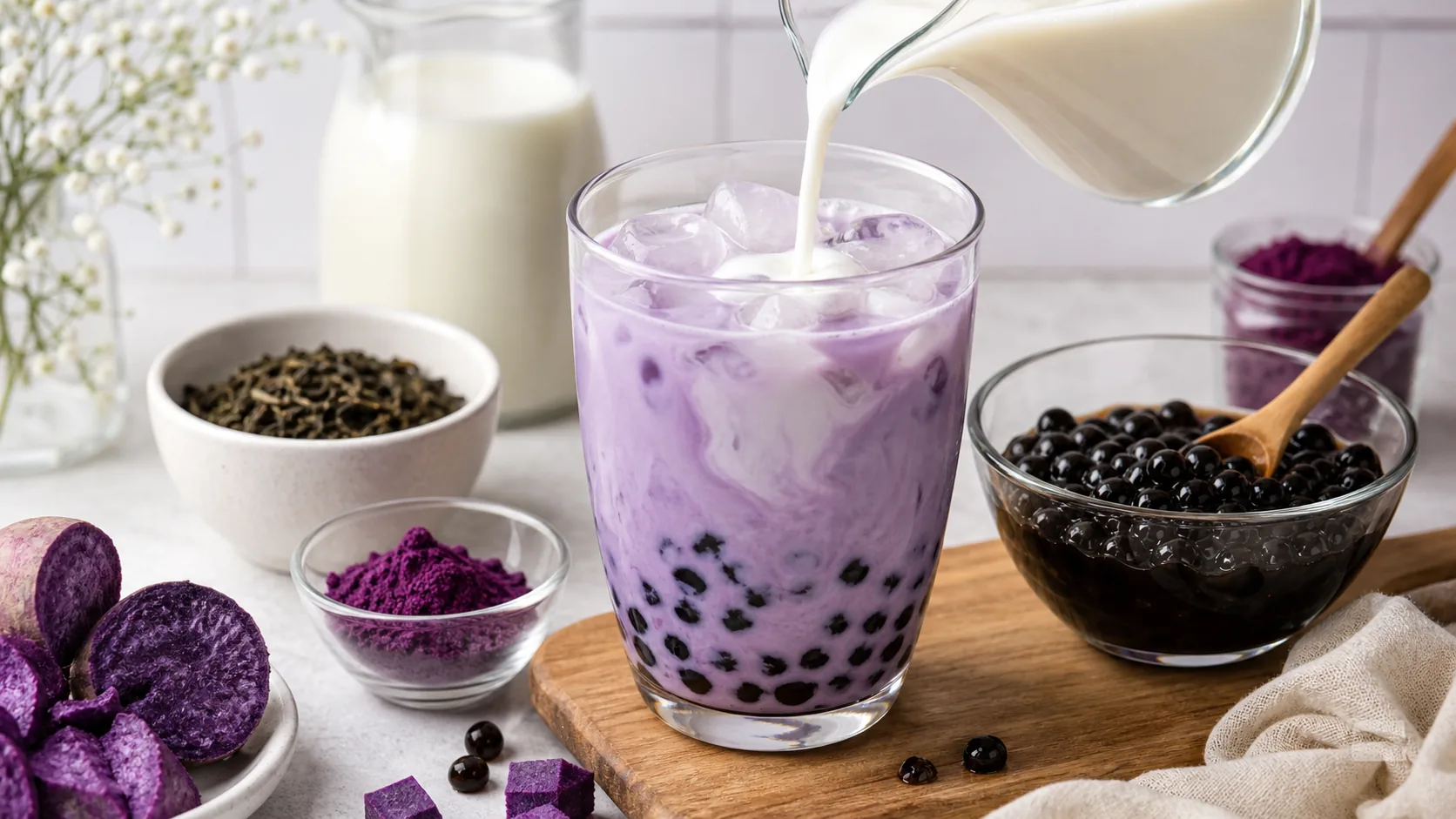 Ube Milk Tea ingredients and process