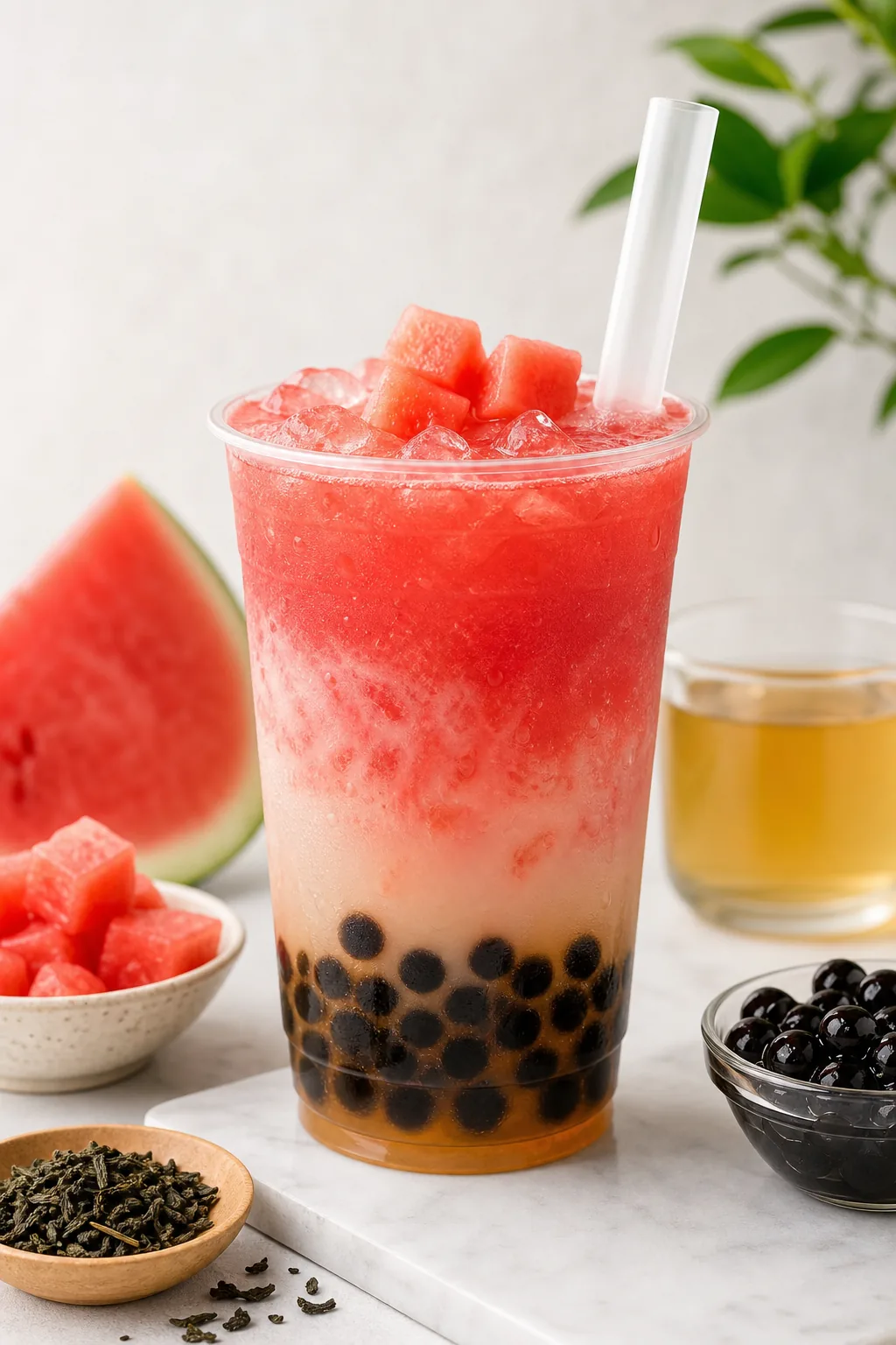 Watermelon Boba Tea pinterest hero finished drink for Boba Bloom