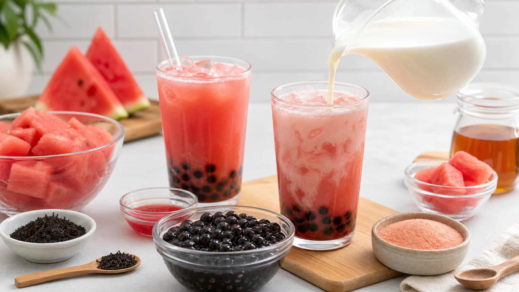Watermelon Boba Tea ingredients and process